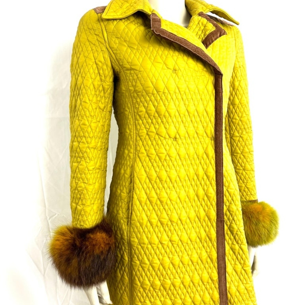 1990 VINTAGE Alberta Ferretti Yellow Quilted Coat with Brown Fur Trim